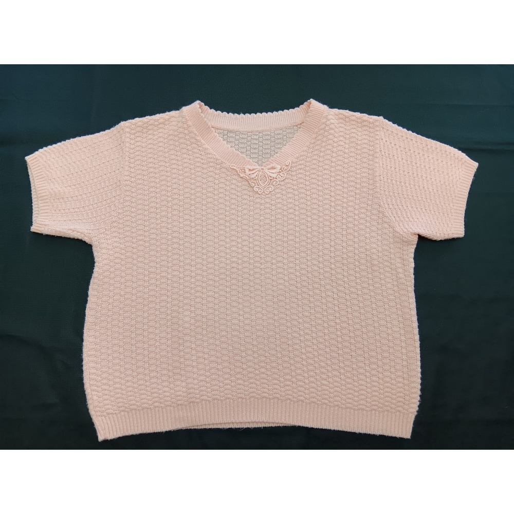 Vintage Style Pale Pink Textured Knit Short Sleeve V-Neck Sweater Lace Medium